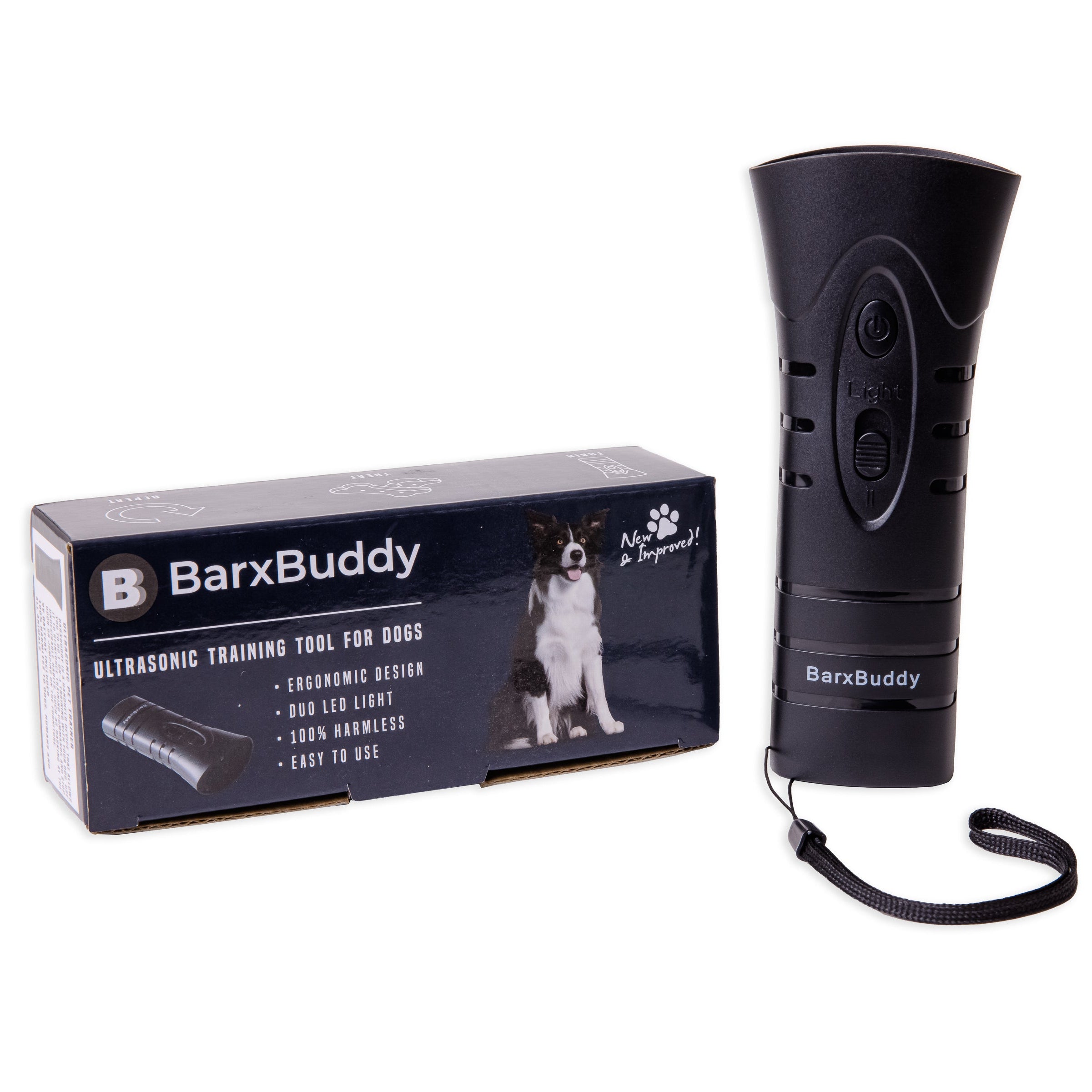 The image shows a BarxBuddy ultrasonic training device for dogs. The product is displayed next to its packaging box, which features an image of a dog and the product's name.